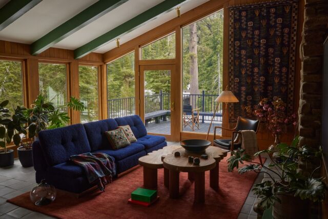 The sunken living room in our Alpine Meadows, Lake Tahoe project with the original stone fireplace surround. We included an assortment of some of our favorite furnishings - the @kalmarwerkstaetten floor lamp from @thefutureperfect and cloud coffee tables by @long_confidence @the_rafi_ajl. 
⁠
Interior Architecture and Design: @landedinteriors #landedinteriors⁠
Project Team: Heather Menegat and @tiffanymkim⁠
Architecture & Engineering: @mwatruckee⁠
Construction: Casey Custom Builders
Photography: @yoshihiromakino⁠
Publication: @elledecor⁠