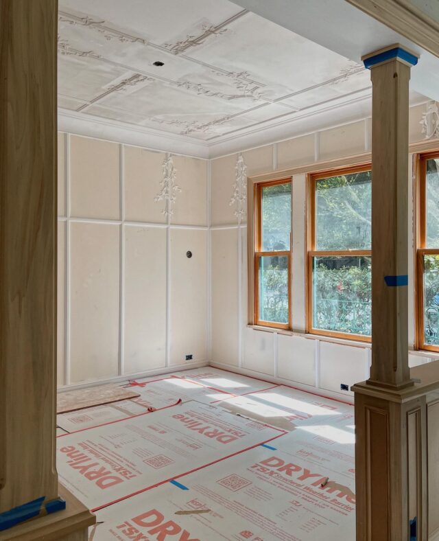 It’s Heather, back with an appreciation post for @foster_reeve_plaster!

Rayburn House’s petite size is lessened by its high ceilings, allowing for tall windows. Thanks to a southern exposure, the living and dining rooms receive spectacular light - the kind that enters in warm, embracing, room-soaking rays (when the sun is not ensconced in fog).

The original dining room wore a tall, paneled wainscot topped with a coffered ceiling, whose stout Craftsmen detailing felt overpowering. A pivot seemed necessary to rebalance the rooms, particularly on this floor where the plan is quite open.

We re-thought the space, designing paneling with profiles that were visually lightweight and extending it to meet a coved crown that would echo the graceful curves in the adjacent living room. With its new interior architecture, the room was beginning to feel like a Victorian conservatory, so we floated the idea of introducing decorative plasterwork.

We had visions of vines that would wind around the astragals, abundant with blossoms, more wild than cultivated. A new ceiling medallion in the living room would share this new language. We gathered imagery (see slide no. 5) that communicated the delicate detailing we were imagining, and took it to Emily at Foster Reeve for discussion.

Amongst other flowers, Emily suggested clematis - a fragrant climbing vine, some varietals of which are native to Northern California. That got us all humming - sketching began and we were off to the races! See the video on slide no. 6, showing the progression of design leading to the final site installation. We’re thrilled with how it’s all coming together, with enthusiastic credit to the *many* talented folks at Foster Reeve.

Next up, paint!

(For more of our adventures in plasterwork, I encourage you to check out the room @kloythanomsup and team put together for the 2024 Brooklyn Showhouse. 🌾)

Interior Architecture and Design: @landedinteriors #landedinteriors
Project Team: @heathermenegat, @rebeccamullerdesigns, Tiffany Kim, and Luna Sibai
Construction: @cook_construction_sf
Photography: @heathermenegat and @rebeccamullerdesigns
Honorable Mentions: @foster_reeve_plaster