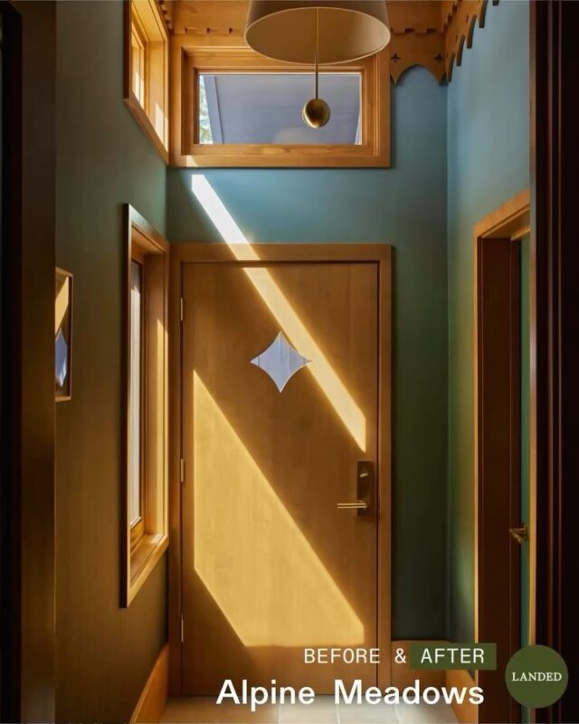 Coordinating good before & after photos can be trickier than one might think, but we got some good ones here and have been wanting to share them with you for a while.

Our clients for our Alpine Meadows project wanted to take the plunge and embrace color in their home, so we went for it. The entry is covered in a @calicowallpaper with a subtle gradient color shift that hints at what is in store as you progress into the home.

The original entry’s side door opened directly into the (very large) garage, so we carved out a combination mud room / laundry room. This allowed this entry way to serve as just that, while shoes, jackets, ski gear, etc. are dealt with elsewhere.

The primary source of natural light was coming in through sources that were pretty blocked by a large garage overhang, so we added some windows to the adjacent wall to allow more light to soak the space. This meant we could comfortably make the entry door a little more private, while introducing folks to a star motif we repeated in other rooms.

This star shows up immediately in a tiered crown moulding we designed to wrap the small space, a nod to both Swiss chalets and the homey gingerbread trim commonly found in cabins across Lake Tahoe.

The entry is also visible from the adjacent (and fairly dark) hallway through a glazed door. That hall connects the entry, the primary suite, and turns a corner toward the great room and the remaining bedrooms. We added some glamorous brass sconces from @studiohenrywilson that cast soft light outward and also gently brush the walls up and down.

So, when you are in the hall headed toward the entry, the light from the new windows in the entry beckons you through. And when you are venturing further into the home, a slatted partition that carries another iteration of that star motif provides an intriguing peek of the kitchen just beyond.

All right - we’ve got more coming later, with some detours here and there. Stay tuned!

Interior Architecture & Design: @landedinteriors 
Project Team: @heathermenegat & Tiffany Kim
Engineering: @mwatruckee
Construction: Casey Custom Builders
Photography: @yoshihiromakino 
Publication: @elledecor