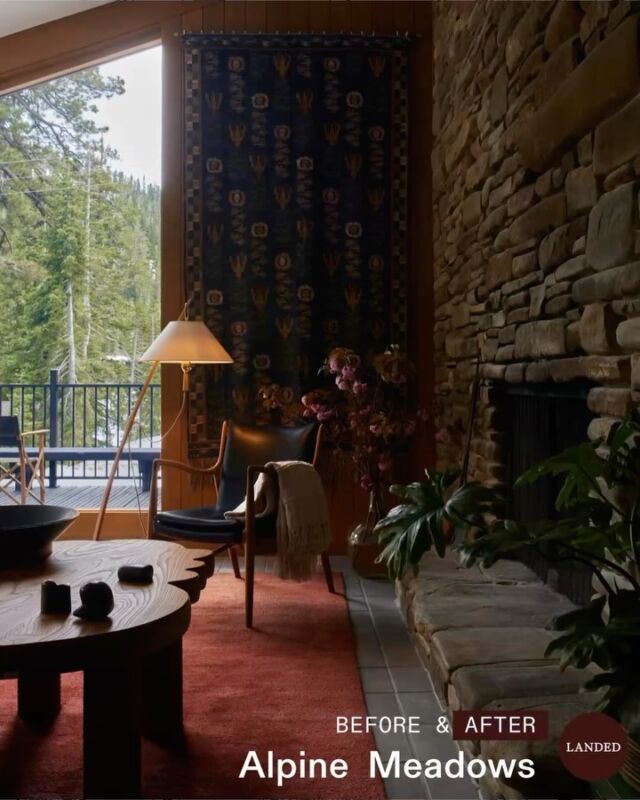 Ready for some more before & afters? In the living room of our Alpine Meadows project, we kept the monumental stone fireplace intact, but nearly everything else received some kind of alteration.

One significant change was elongating two windows and adding a third, which really opened up the room’s connection to the beautiful landscape and made for a sunny, lofted corner that overlooks the pines.

The original paneling in the room was real wood but gotten so brittle that it was shattering, so we clad the room in new paneling and added a baseboard that aligns with the sills of the tall windows and tailors the room a bit.

We covered the existing beams in @benjaminmoore paint and laid concrete tiles from @artobrick over a new radiant heating system.

Taking a few cues from Le Corbusier’s architectural polychrome palette, we leaned into mid-century vibes and paired a cobalt blue, chrome-based Zagato sofa from @coupdetatsf with a vintage, wool, raspberry colored rug. Our clients had some wonderful existing pieces, so their own Finn Juhl 45 chair sits in the corner in front of a Märta Måås-Fjetterström “Roses and Lilies” tapestry, also theirs. One of our favorite floor lamps from @kalmarwerkstaetten via @thefutureperfect completes the vignette.

Three pieces from @the_rafi_ajl are in conversation with the other furnishings and give this room a fresh footing in the present day. A nested pair of his funny cloud coffee tables ground the seating group by the fireplace, and in the corner his cozy “Elaine’s Chair” is paired with a one-of-a-kind side table, also by Rafi. When the sun spills in, that chair becomes gravitationally inviting.

We think it’s not a bad room for après-ski lounging, do you agree?

Interior Architecture & Design: @landedinteriors 
Project Team: @heathermenegat & Tiffany Kim
Engineering: @mwatruckee
Construction: Casey Custom Builders
Photography: @yoshihiromakino 
Publication: @elledecor