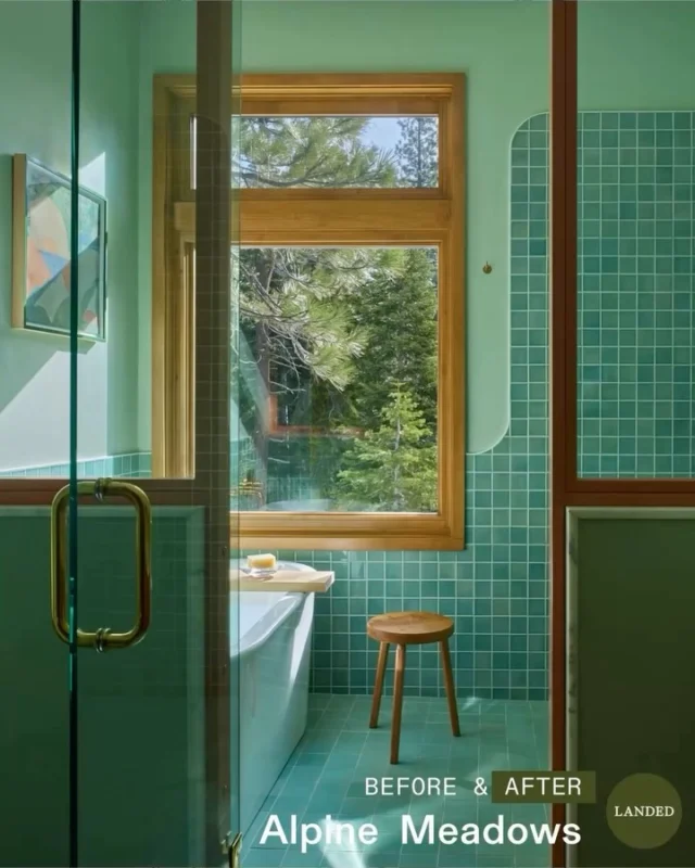 Welcome back to our Alpine Meadows project! We wanted each bathroom to have a unique palette, while maintaining a strong throughline between them all.

We chose to create cohesion through materiality - wall tile from @prattandlarson and floor tile from @zia_tile, keeping the same format and layout for each bathroom. Each bath also incorporates swooping curves, speaking to the playful spirit present in a lot of midcentury modern design.

The palette in each bathroom was mostly monochromatic, with the exception of the primary bath where we wanted to shake things up. Here, we designed a metal and glass partition that defines a wet room without blocking the light from a newly enlarged window. We had the partition’s frame powdercoated in a peachy coral tone in order to emphasize the division of space, which is long and narrow. We continued the secondary color story at the vanity to give the room more balance. Beautiful art from @ray_ray_kaye (via @sarahshepardgallery) fits in happily without being overly matchy with the space. Fittingly, this piece is titled “Mountain View.”

While the pink and yellow bathrooms retained similar footprints and layouts (we did relocate a door at the yellow bath to make it an en-suite), the primary bath underwent the most radical floor plan change.

To access the original primary suite, you went into the laundry room and the bath and bedroom branched off from there. The laundry room got the windows and the bathroom was windowless. While the bedroom’s location did not change, we essentially flipped the plan so the bath got an outside wall (and the new window), moved the laundry hookups into to the new mudroom, and created a hallway to access the bedroom and bath. I may try to get a floor plan onto our stories for y’all to see.

Special shout out to @yoshihiromakino for suggesting the moody evening shot. I can hear him saying, “How about something like this?”

Interior Architecture & Design: @landedinteriors 
Project Team: @heathermenegat & Tiffany Kim
Engineering: @mwatruckee
Construction: Casey Custom Builders
Photography: @yoshihiromakino 
Publication: @elledecor